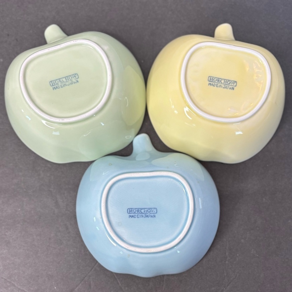 Horchow Apple Shaped Bowls  Japan 5” Set of 3 Vintage Green, Yellow, Blue Pastel - Picture 5 of 7